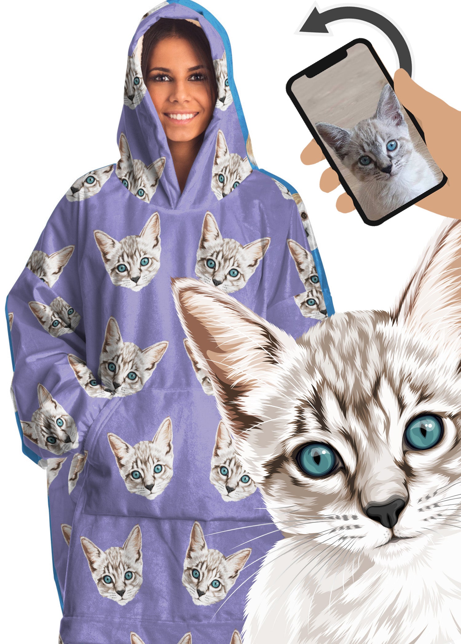Custom HOODIE Blanket: Orig. Cat Face Art