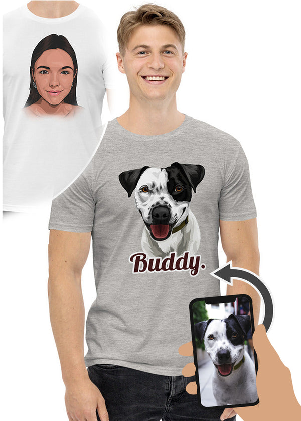 Orig. Drawn Face Art Custom Men's T-Shirt (Dog, Cat, Human) (NEXT-DAY prod. avail. at checkout)