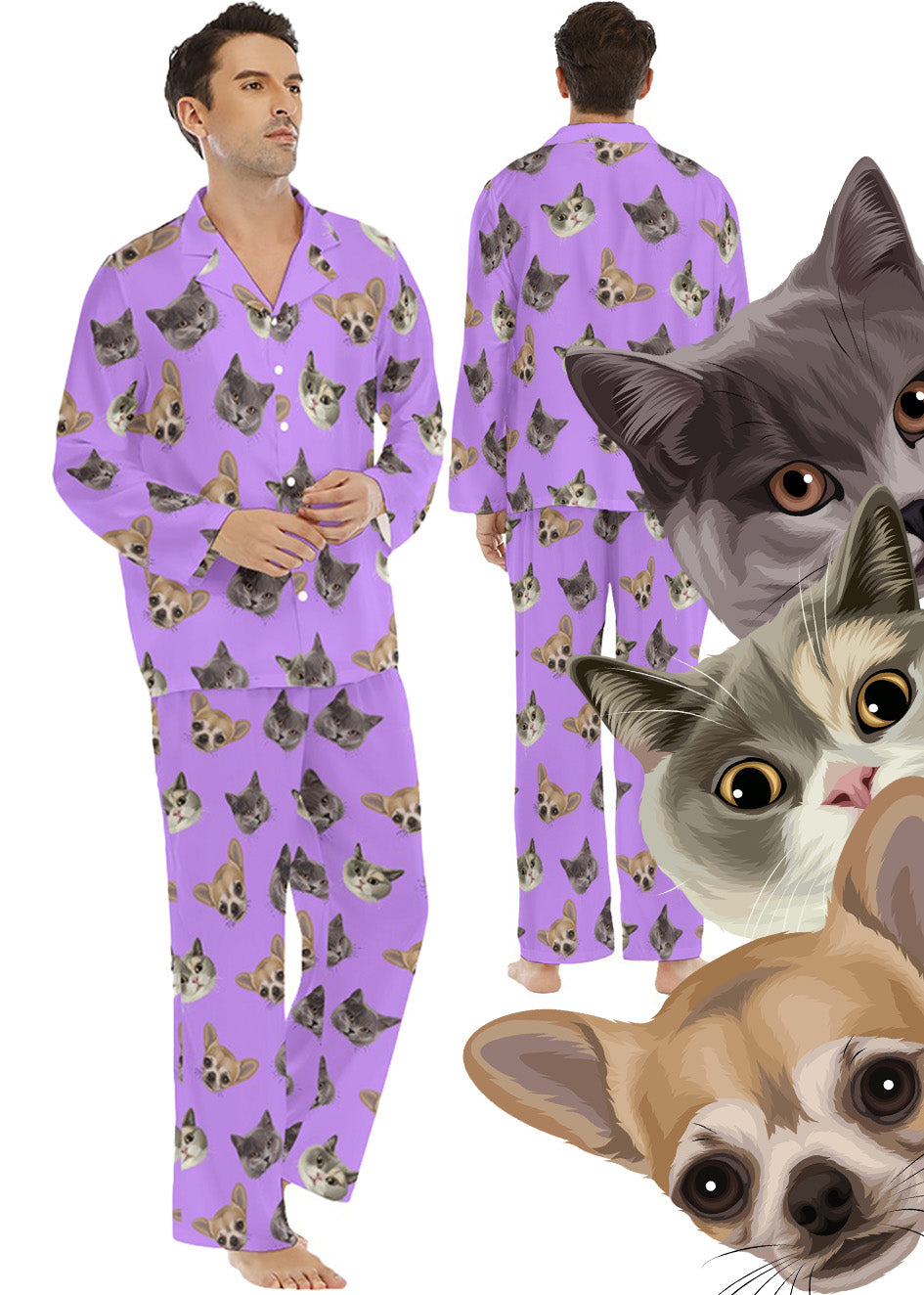 Custom Men's Long Pyjamas: Orig. Drawn Face Artwork (Dog, Cat, Human Face)