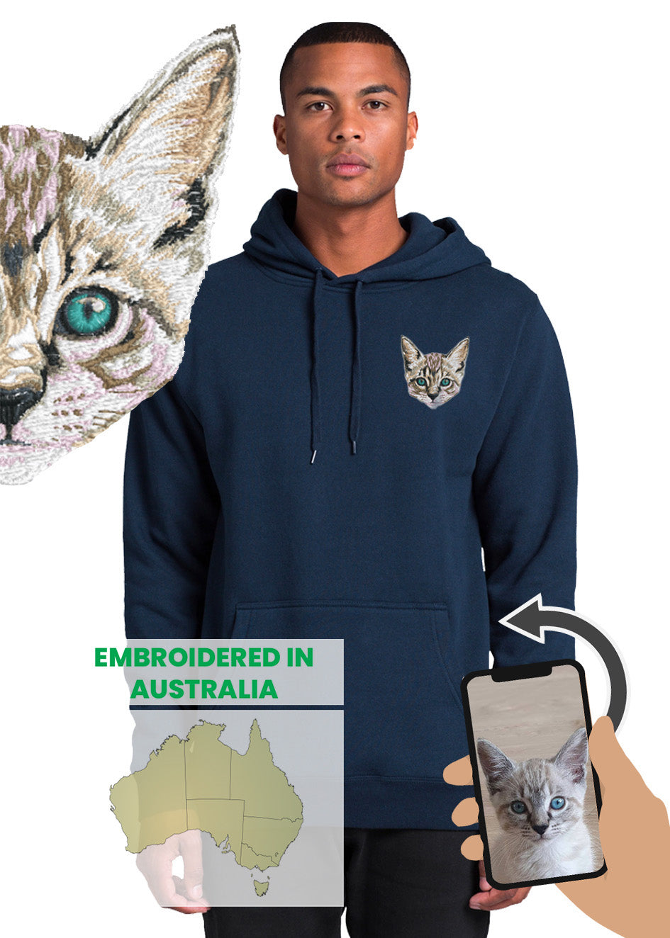 Custom Pet Embroidery - Men's Cotton Hoodie (NEXT-DAY prod. avail. at checkout) (Dog or Cat only)
